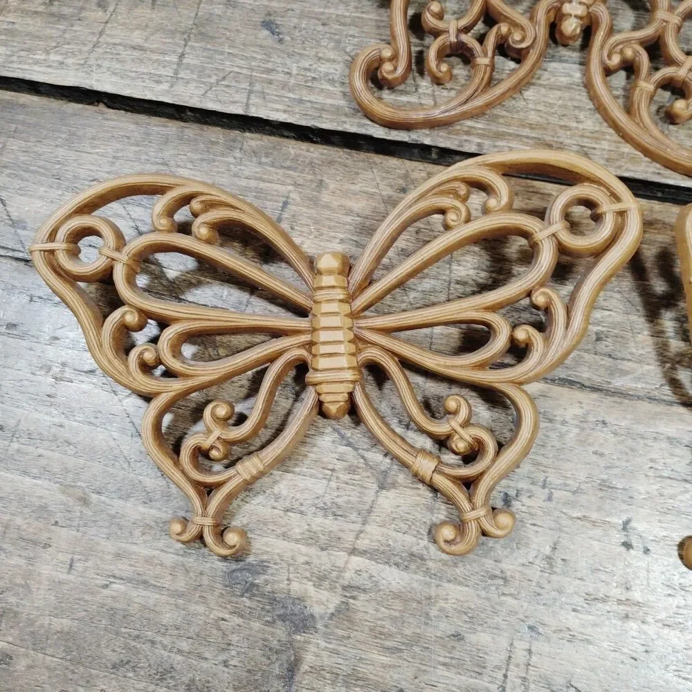 Three Homco Syroco Butterfly Faux Wood Wicker Wall Decor Set Vintage Brown